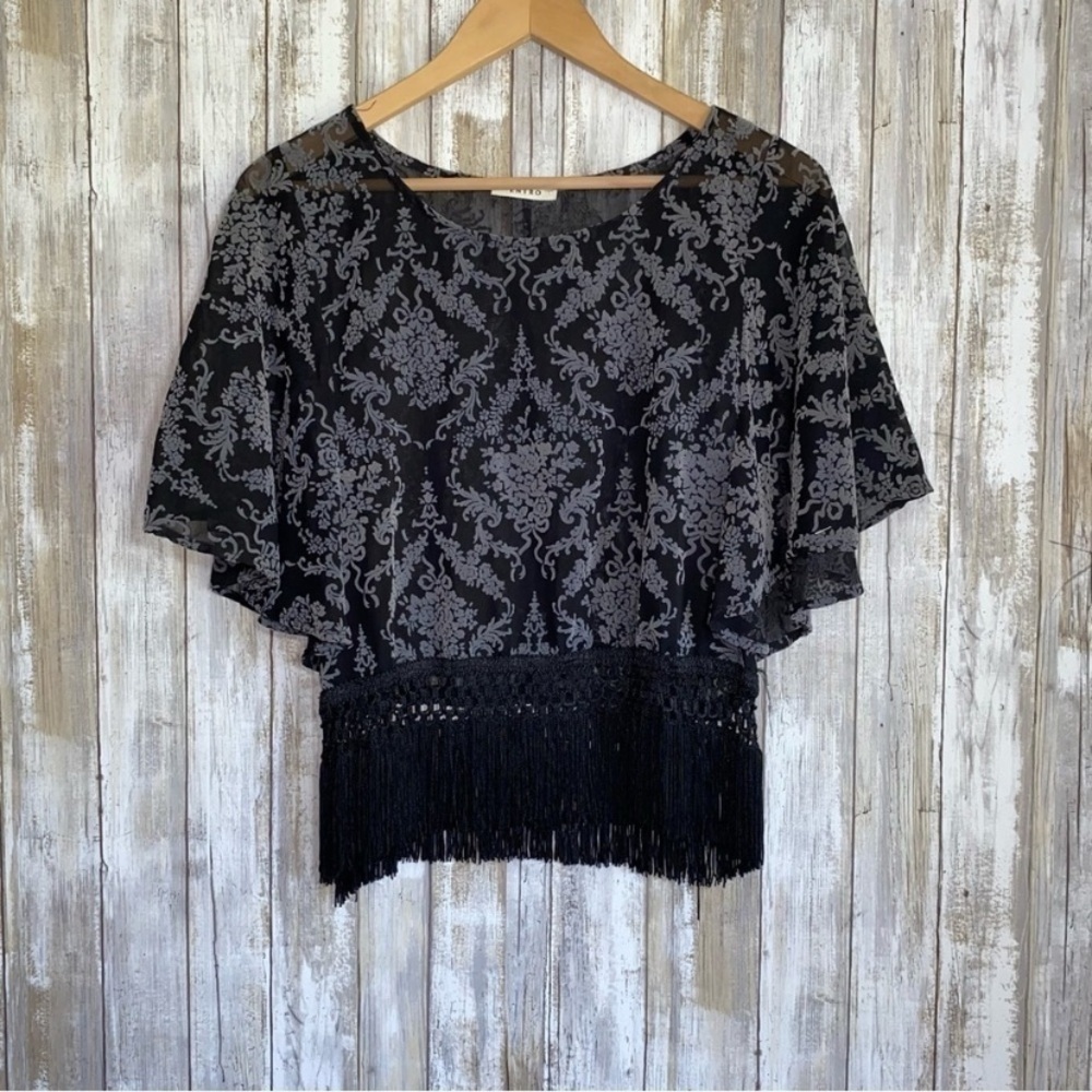 Entro Sheer Mesh Fringe Bottom Cropped Blouse - Picture 1 of 5